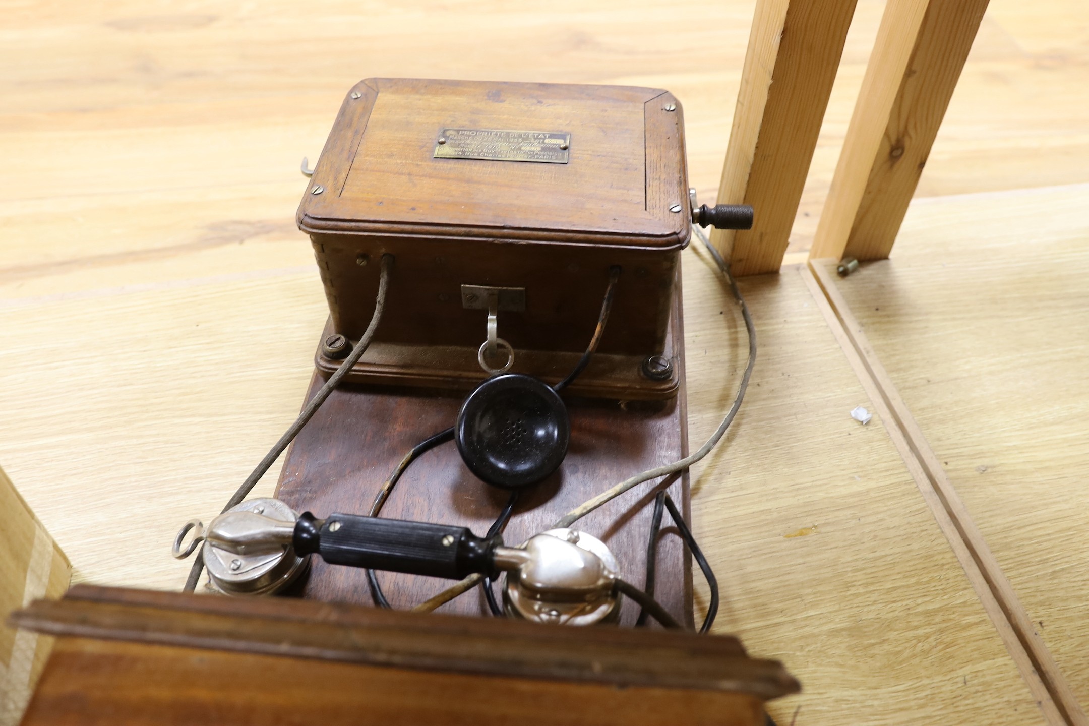 An Edwardian French wall telephone with manufacturer's stamps